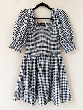 Everlily Black White Gingham Smocked Puff Sleeve Cotton Mini Dress Size L